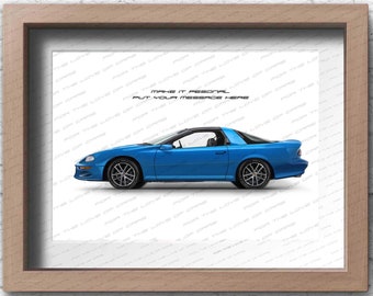 Personalisable 2002 Chevrolet Camaro poster for car lovers / hand made art work print gift for him and Camaro and hotrod lovers