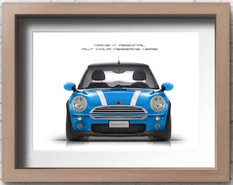 Personalised Mini Cooper S (R50) JCW Print, handmade artwork print on high quality photo paper / gifts for him / car art sketch.