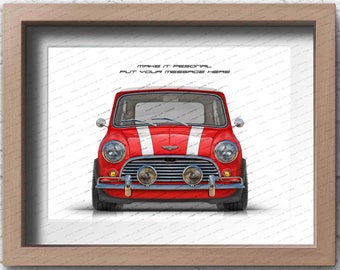 Personalisable Mini Cooper S handmade artwork print, gifts for him, gift for car lovers, Classic Mini Cooper poster car art sketch.