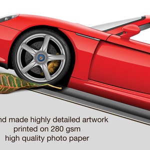 May include: A red sports car with a leaf on the ground in front of the front tire. The car is on a white background. Hand made highly detailed artwork printed on 280 gsm high quality photo paper.