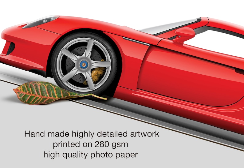 May include: A red sports car with a leaf on the ground in front of the front tire. The car is on a white background. Hand made highly detailed artwork printed on 280 gsm high quality photo paper.