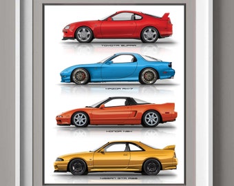 Toyota Supra, Nissan GTR, Mazda RX 7, Honda NSX Poster, Gift for
