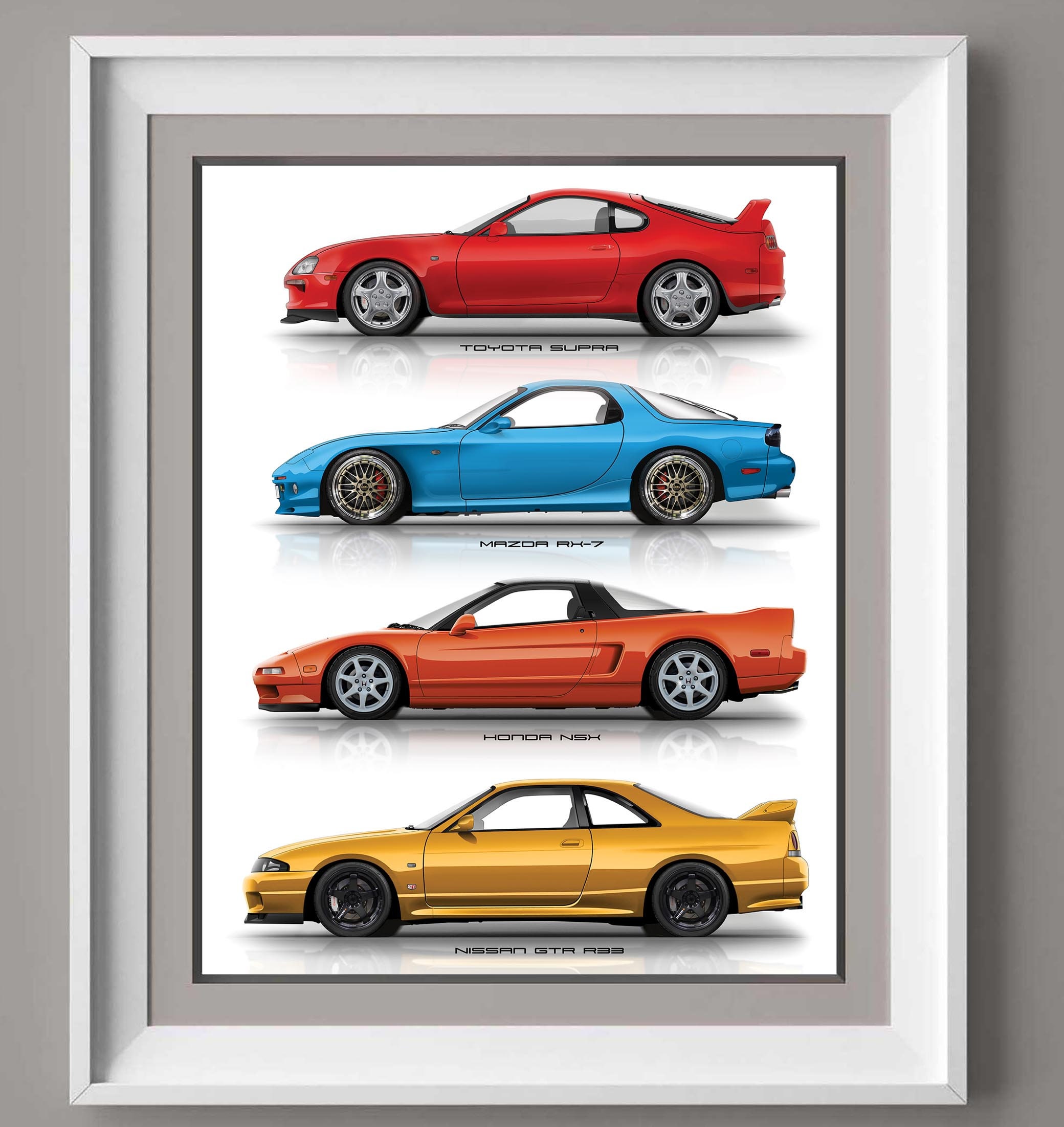 Toyota Supra, Nissan GTR, Mazda RX 7, Honda NSX Poster, Gift for