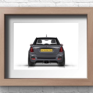 May include: A gray Mini Cooper car with a yellow license plate that says "Your Number Plate" is shown from the rear. The car is parked on a white surface.