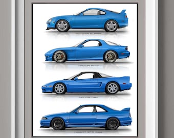 Toyota Supra, Nissan GTR, Mazda RX 7, Honda NSX Poster, Gift for