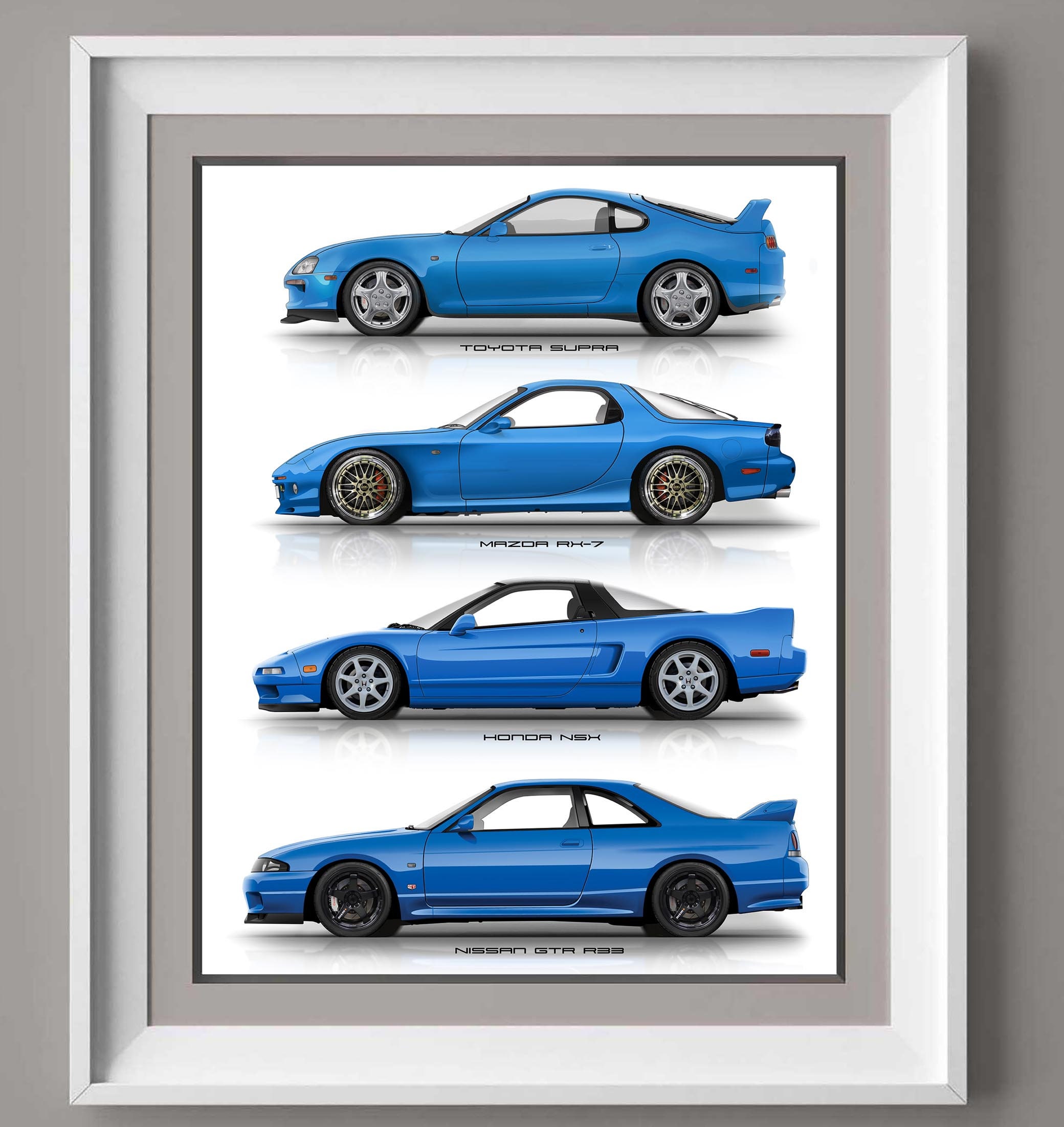 Toyota Supra, Nissan GTR, Mazda RX 7, Honda NSX Poster, Gift for