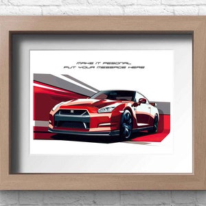 Nissan GTR R35, handmade personalisable artwork print  / gifts for him / car art sketch.