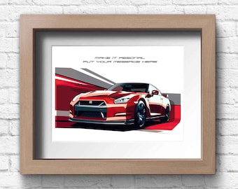 Nissan GTR R35, handmade personalisable artwork print  / gifts for him / car art sketch.
