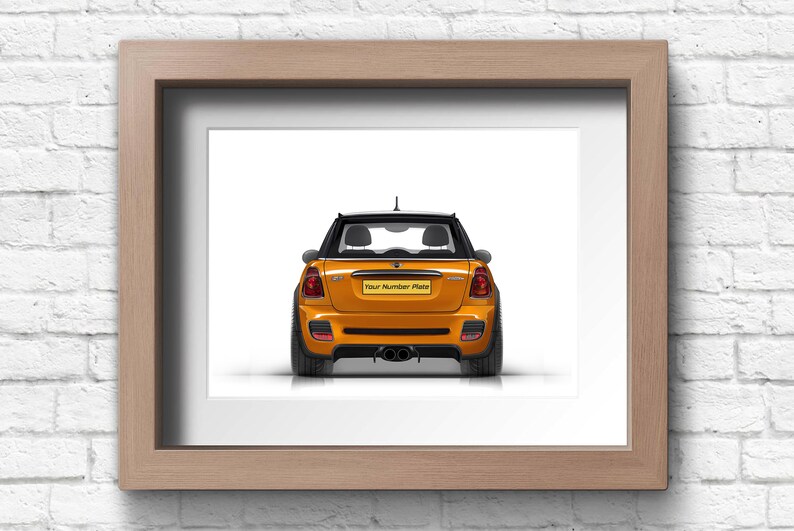 May include: A rear view of a yellow Mini Cooper with a black roof and a license plate that says "Your Number Plate".