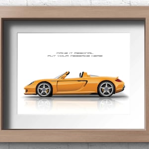 A yellow Porsche Carrera GT convertible side view illustration on a white background. A perfect gift for him or any Porsche enthusiast. Available in 9 colours and 20 size options. Ideal wall art for collectors, or motorsport fans.