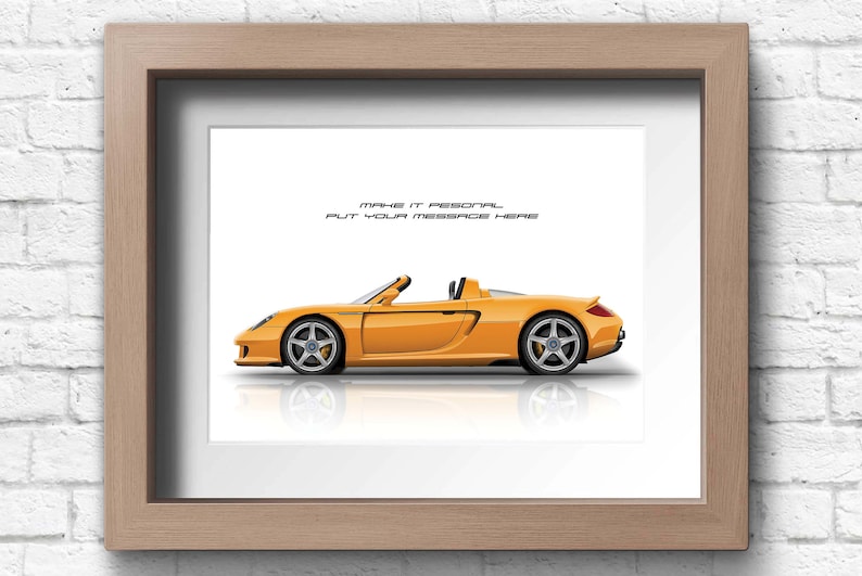 A yellow Porsche Carrera GT convertible side view illustration on a white background. A perfect gift for him or any Porsche enthusiast. Available in 9 colours and 20 size options. Ideal wall art for collectors, or motorsport fans.