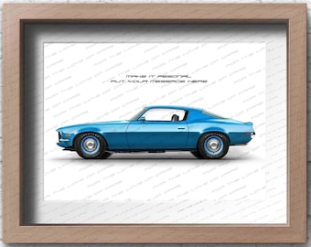 Personalisable 1970 Chevrolet Camaro poster for car lovers / hand made art work print gift for him and Camaro and hotrod lovers
