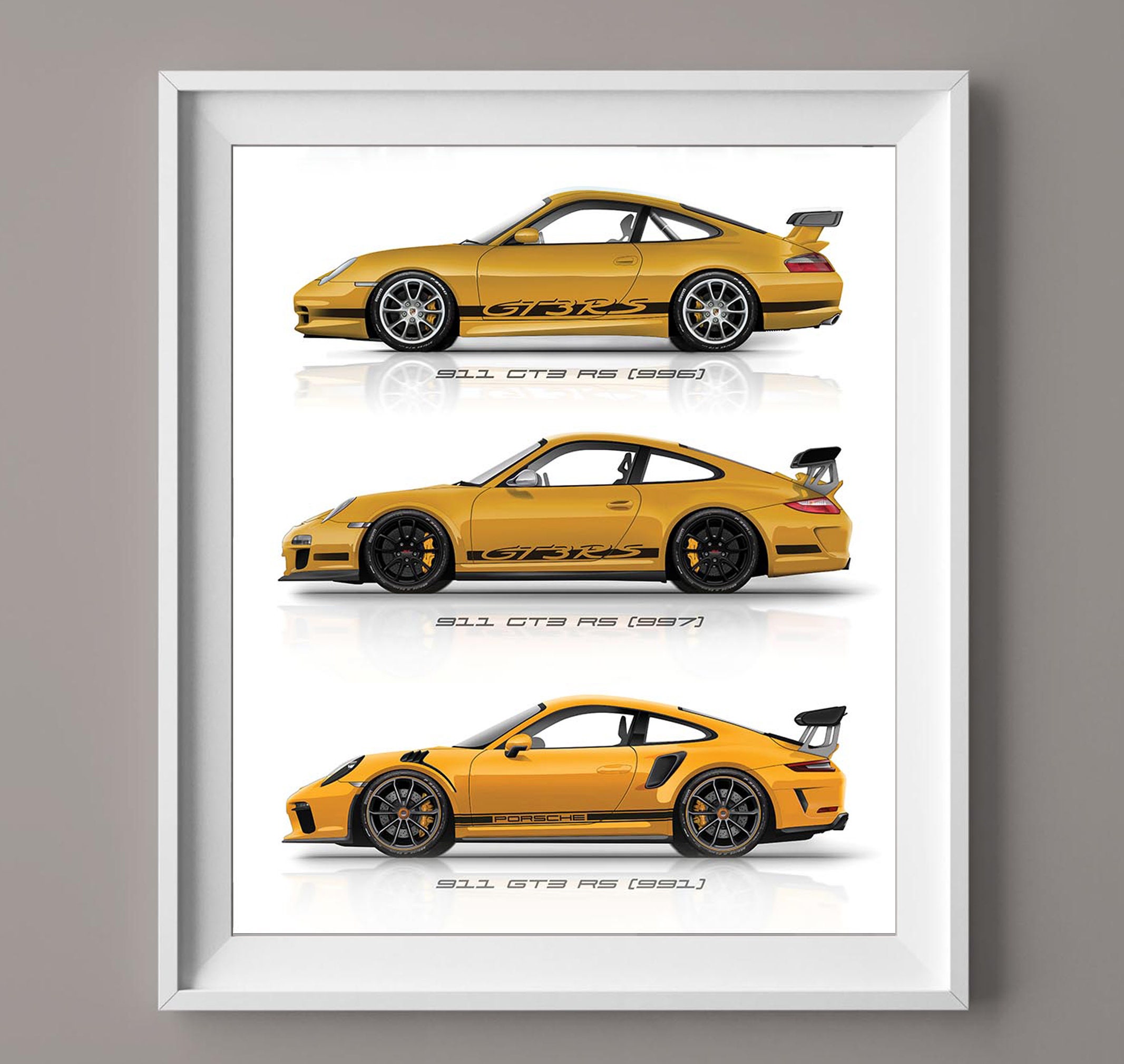 Porsche Carrera 911 GT3 RS Generations Handmade Artwork Print on