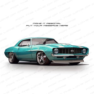 1969 Chevrolet Camaro personaliseable poster for car lovers / hand made art work print gift for him and Camaro hotrod lovers