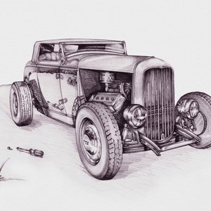 Gift for car lovers 32&#39; Ford Coupe handmade artwork print on high quality photo paper / gifts for him / car art / car sketch