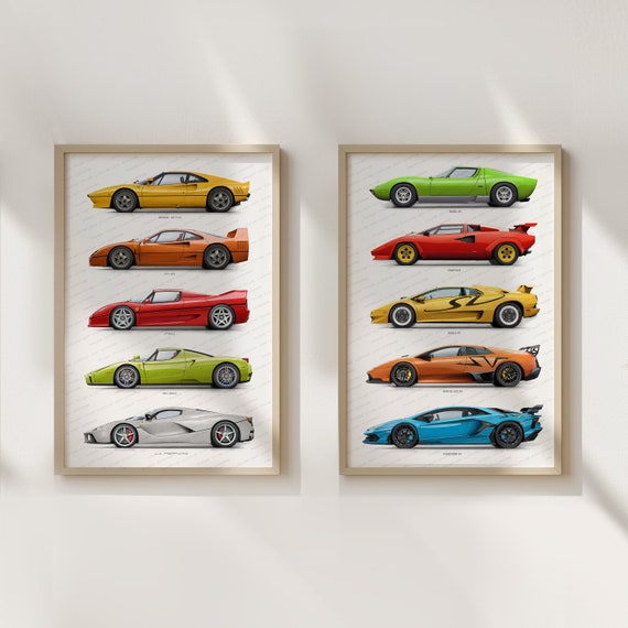 Set of 2 Poster, Ferrari and Lamborghini Inspired Gift for Car