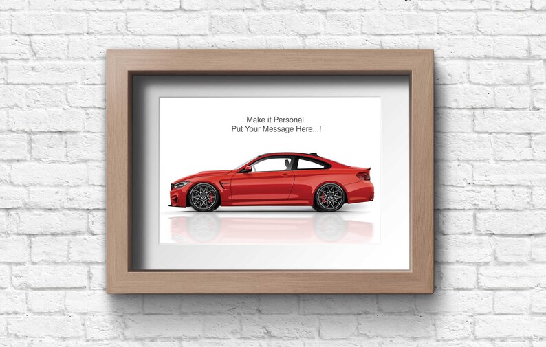 May include: A framed print of a red sports car with the text "Make it Personal Put Your Message Here..." above the car.