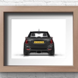 May include: A black Mini Cooper with a yellow license plate that reads "Your Number Plate" is shown from the rear. The car is parked on a white surface.