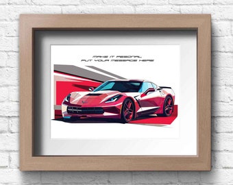 Chevrolet Corvette C7, handmade personalisable artwork print  / gifts for him / car art sketch.