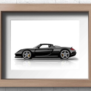 A black Porsche Carrera GT convertible side view illustration on a white background. A perfect gift for him or any Porsche enthusiast. Available in 9 colours and 20 size options. Ideal wall art for collectors, or motorsport fans.