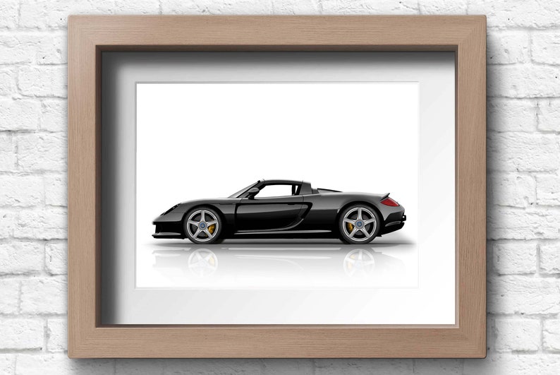 A black Porsche Carrera GT convertible side view illustration on a white background. A perfect gift for him or any Porsche enthusiast. Available in 9 colours and 20 size options. Ideal wall art for collectors, or motorsport fans.