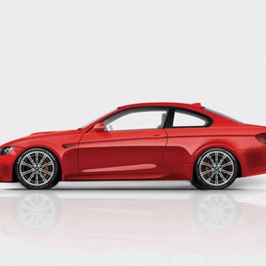 May include: A red sports car with black wheels and a white background.
