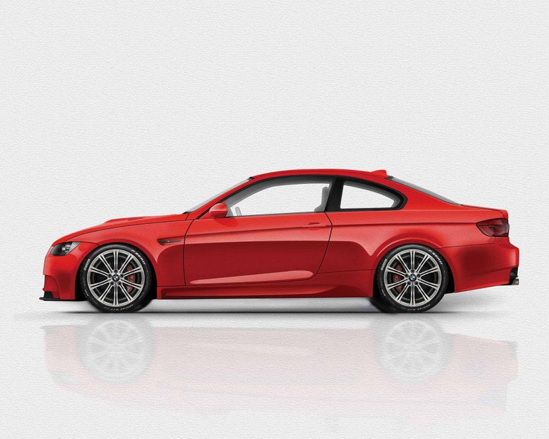 May include: A red sports car with black wheels and a white background.
