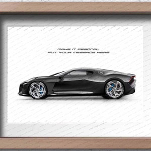 May include: A black Bugatti La Voiture Noire supercar against a white background. The text "Make it personal. Put your message here" is printed above the car.