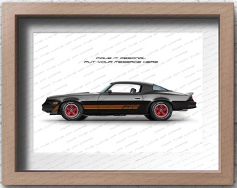 Personalisable 1974 Chevrolet Camaro Z28 poster for car lovers / hand made art work print gift for him and Camaro and hotrod lovers