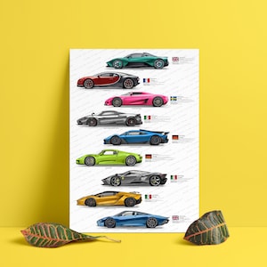 Ferrari, Lamborghini, McLaren, Porsche, Mercedes inspired gift for car lovers handmade digital artwork print poster / gifts for him, car art Multicolour 3