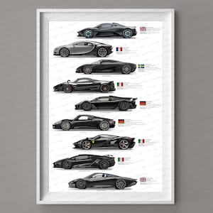 Ferrari, Lamborghini, McLaren, Porsche, Mercedes inspired gift for car lovers handmade digital artwork print poster / gifts for him, car art Svart