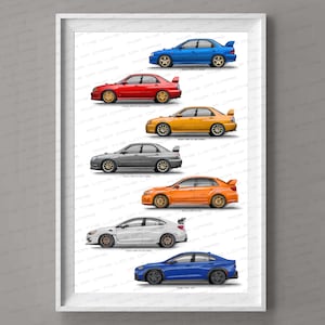 Subaru Impreza WRX STI generations gift for car lovers handmade artwork print, wall art, poster / gifts for him / car art.
