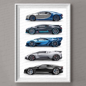 May include: Five different coloured Bugatti Chiron sports cars are lined up in a row. The cars are all in different shades of blue, grey, and black. The cars are all facing the same direction and are all in a showroom setting.