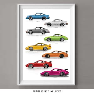 Generazioni Porsche 911, regalo per gli amanti delle auto, stampa artistica fatta a mano, arte murale, poster / regali per lui / arte automobilistica