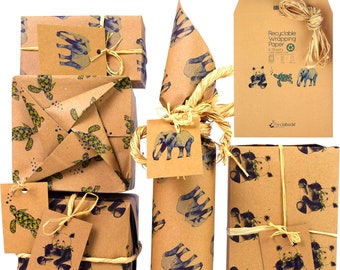 Recyclable Wrapping Paper Set by Pandabode | 100% Recycled Brown Kraft Gift Wrap for Presents | 6 sheets + Tags + Raffia | Any Celebration