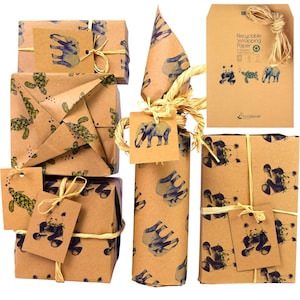 Recyclable Wrapping Paper Set by Pandabode | 100% Recycled Brown Kraft Gift Wrap for Presents | 6 sheets + Tags + Raffia | Any Celebration