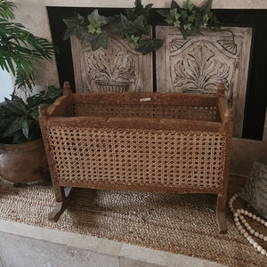 Vintage Philippines Rattan Cane Handmade Doll Cradle, Wooden Rocking Cradle Basket, Cane Newspaper Basket