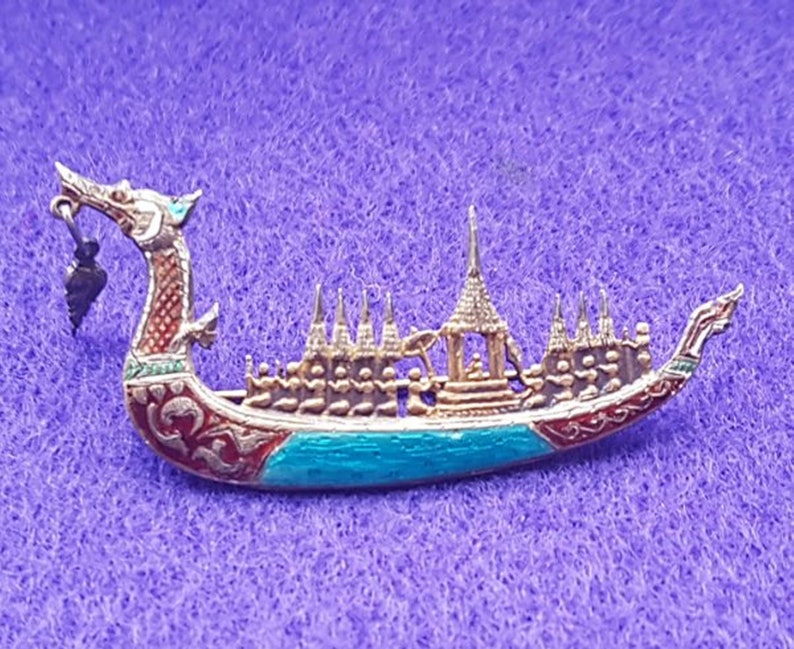 Vintage sterling silver & enamel Dragon Boat brooch marked Etsy