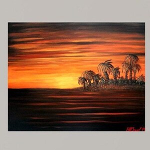 May include: A painting of a sunset over a small island with palm trees. The sky is a vibrant orange and red, with dark clouds in the background. The water is a dark blue, and the island is a dark green.