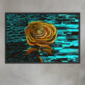 Large wall art - Gold metallic rose with turquoise black and white background abstract artwork- Framed Print