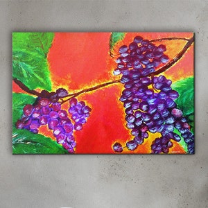 Große bunte Weinrebe abstrakte Wandkunst - leuchtend lila & rot Trauben auf der Rebe über einem Sonnenuntergang Hintergrund - Leinwand Druck