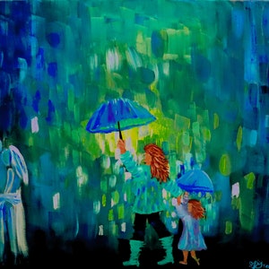 May include: A painting of two people walking in the rain, one holding a blue umbrella and the other holding a smaller blue umbrella. A white figure stands in the background.