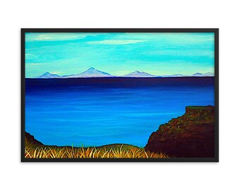 May include: A painting of a seascape with a dark blue ocean and a distant mountain range in the background. The foreground features a rocky cliff and green grass.