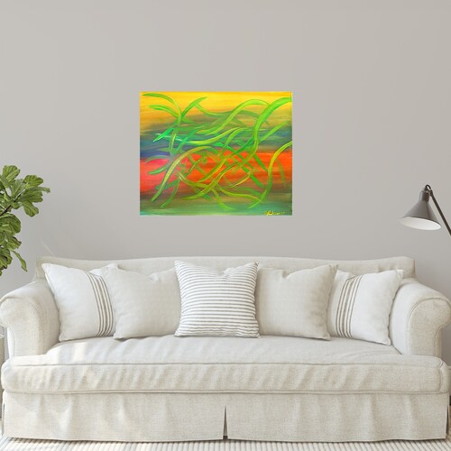 Large abstract wall art - Swirls shops of various green shades with buttery yellow, smokey blues and pale orange background - Original Canvas Art