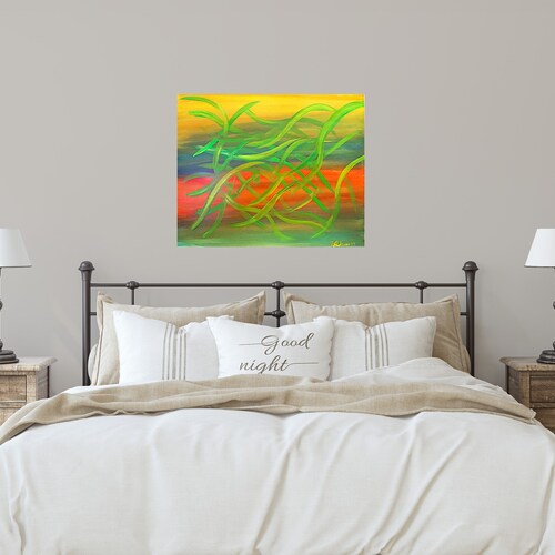 Large abstract wall art - Swirls shops of various green shades with buttery yellow, smokey blues and pale orange background - Original Canvas Art