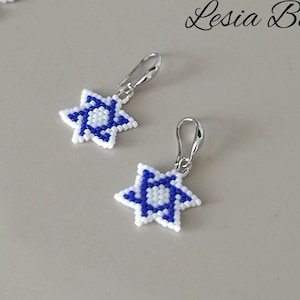 Israeli handmade beaded earrings. Jewelry earrings Blue Star of David. Patriotic, national earrings of the Jews