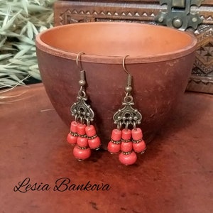 Vintage Earrings with Antique Bronze Inserts Red Ceramic Earrings by Ukrainian Craftsmen Long Dangle Earrings Ukrainian Ethnic Jewelry Boho