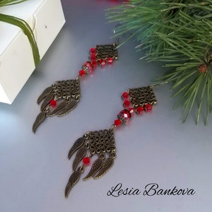 Vintage Earrings with Antique Bronze Inserts Red Glass Bead Earrings by Ukrainian Craftsmen Long Dangle Earrings Ukrainian Boho Jewelry