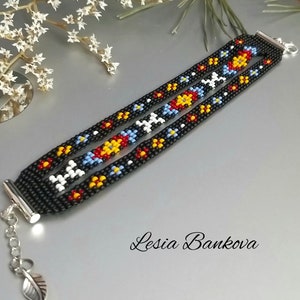 Handmade bead bracelet. Bracelet from Ukraine Bracelet with an ornament Bracelet as a gift Black bracelet