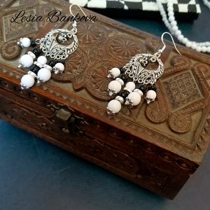 Vintage earrings with silver inserts Black and white beaded earrings Long dangle earrings Ukrainian ethnic jewelry Boho jewelry from Ukraine